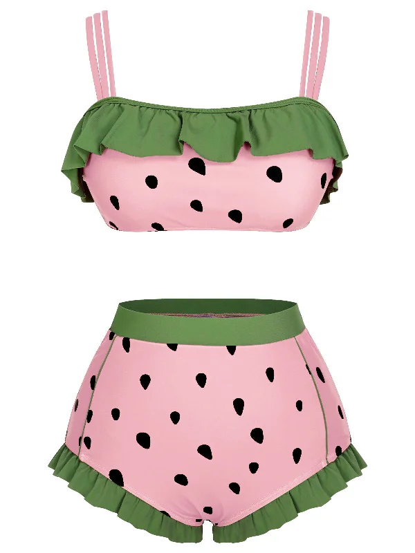 Pink 1950s Strawberry Ruffle Strap Swimsuit Bold Women's Statement