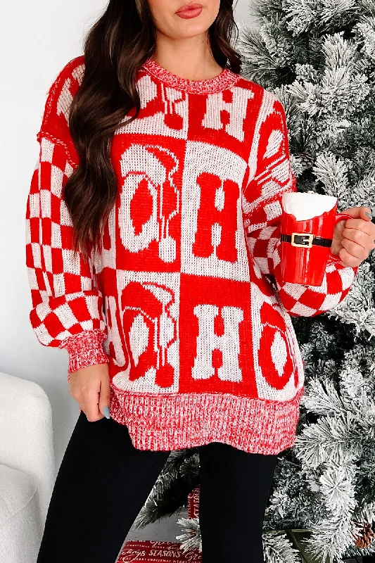 On The Nice List Checkered Sleeve Holiday Sweater (Red) Geometric