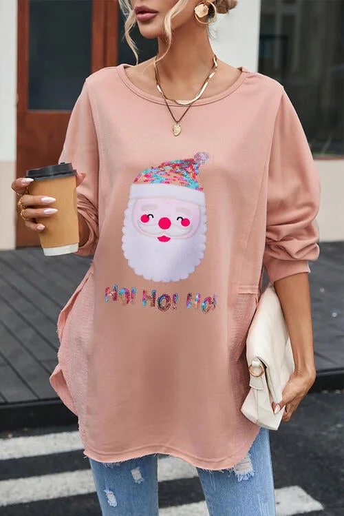 Sequin Santa Round Neck Slit Blouse Stylish Women's Neon