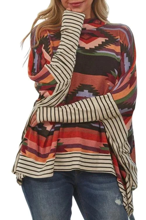 Geometric Striped Splicing Round Neck Blouse Sophisticated Women's Tailored