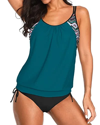 Women's Athletic Two Piece Bathing Suits 2 Piece Blouson Tankini-Teal Geometric