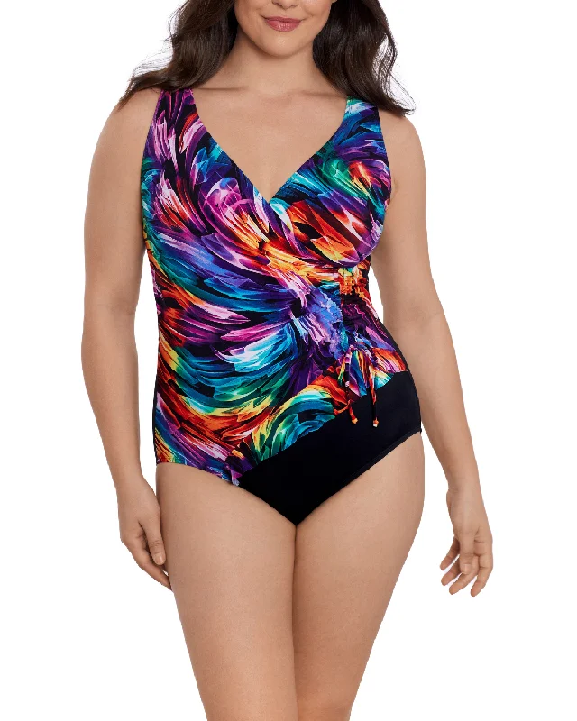 2024 Longitude Ribbon Candy Ruffle Surplice Long Torso One Piece Swimsuit - L243210 Classic Women's Pin - striped