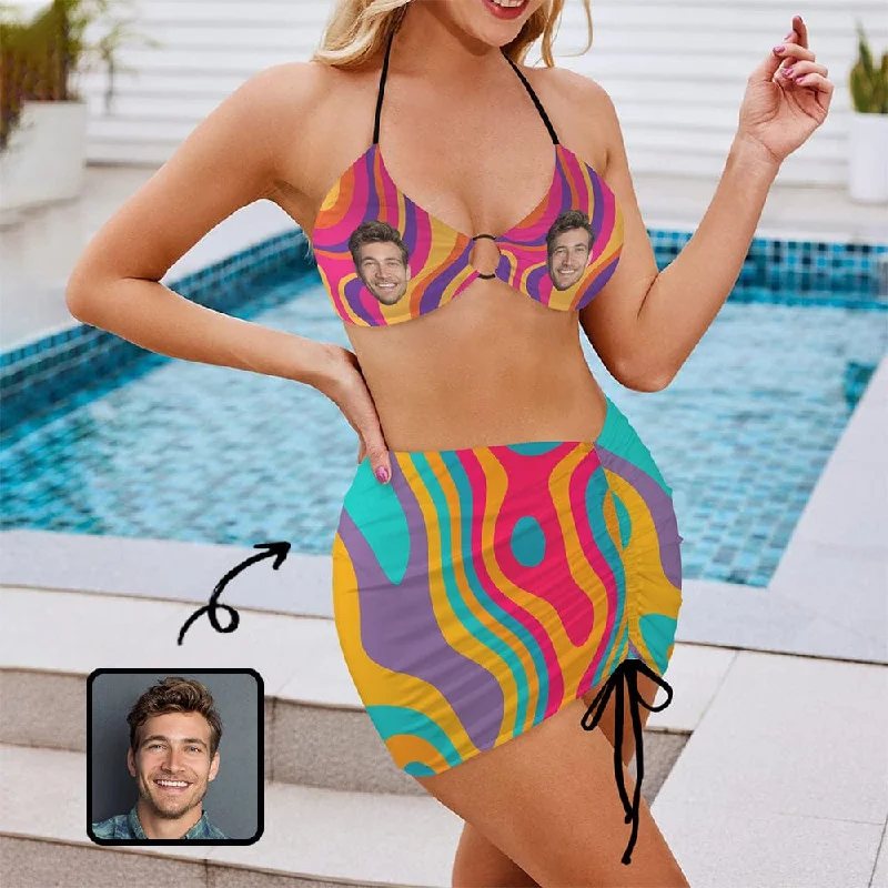 Custom Face Colorful Bikini Set Personalized Women's Drawstring Halterneck Three-Piece Swimsuit Skirt Scandinavian