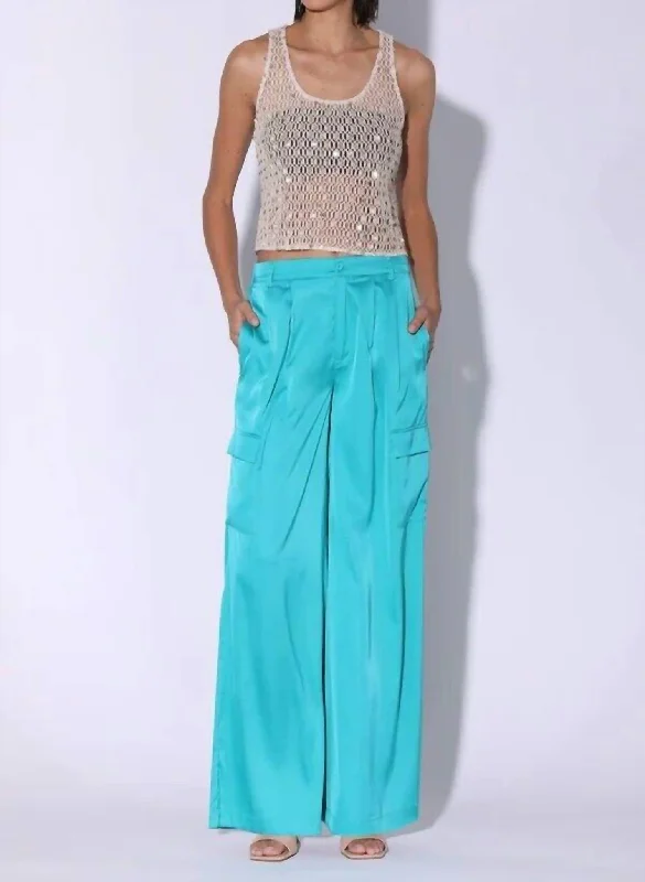 Denver Satin Wide Leg High Rise Pants In Blue Vacation