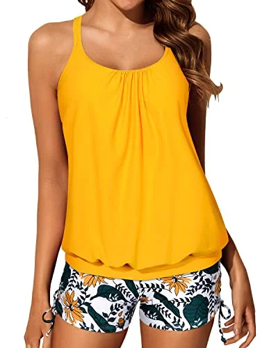 Loose Fit Criss Cross Swimwear Tankini Swimsuits Full Coverage Boy Shorts-Yellow Floral Cool Women's Distressed