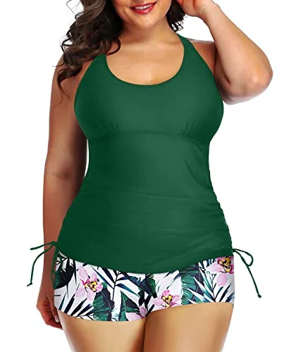 Sexy Round Scoop Neckline Plus Size Tankini Swimsuit-Green Tropical Floral Unique Women's Upcycled