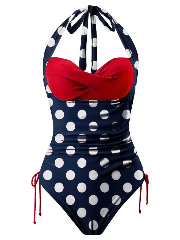 Blue & Red 1950s Polka Dots Halter Swimsuit Trendy Women's 