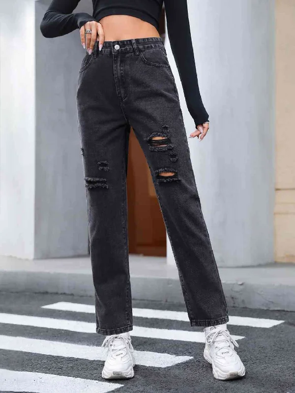 Distressed Straight Leg Jeans Edgy Women's Punk