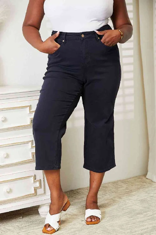 Judy Blue Full Size High Waist Tummy Control Garment Dyed Wide Cropped Jeans Refined Women's Hand - crafted
