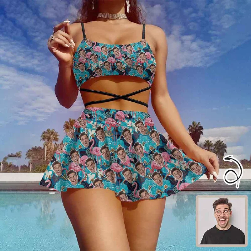 Custom Face Blue Flowers Flamingo Bikini Set Women's String Three-Piece Bikini Skirt Earthy Women's Hemp - based