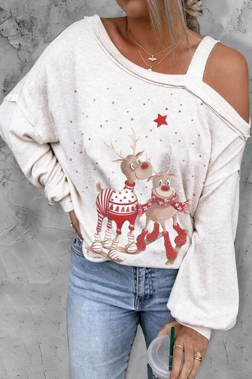 Graphic Asymmetrical Neck Long Sleeve Top Stylish Women's Tropical 