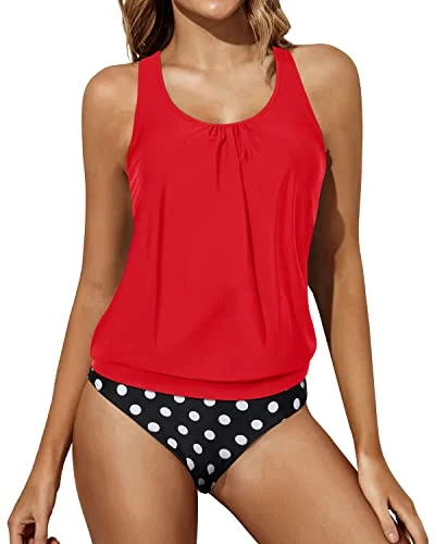 Tummy Control Tankini Bathing Suits Racerback Tank Tops Blouson Swimwear-Red Dot Elegant Women's 
