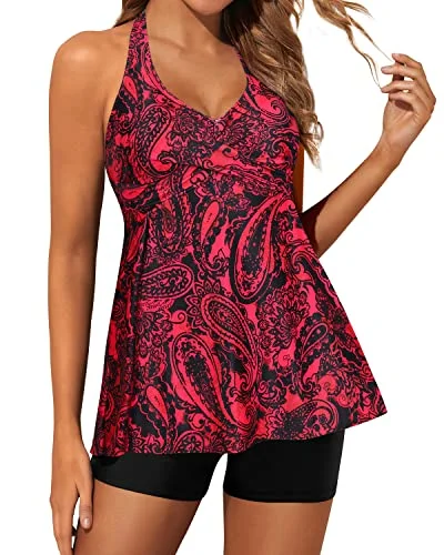 Cute & Stylish Tankini Swimsuits For Women Shorts-Red Paisley Sleek Women's Metallic
