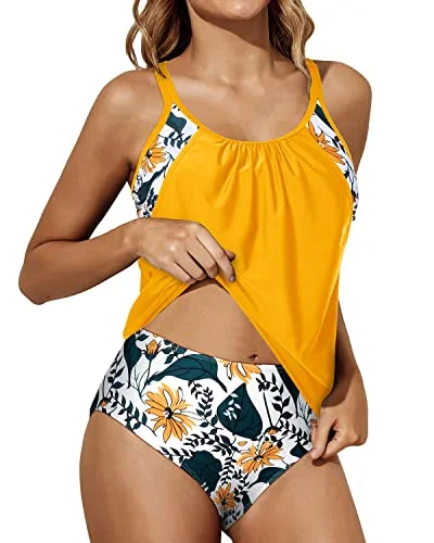 O-Ring Back Sports Bra Tankini Swimsuits For Women-Yellow Floral Sophisticated Women's 