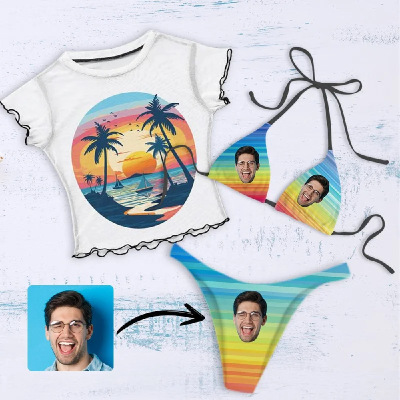 Custom Face Rainbow Women's 3 Pieces Bikini Set with Mesh Cover up Halter Triangle Bikini Cover Up Set Feminine Women's Soft 