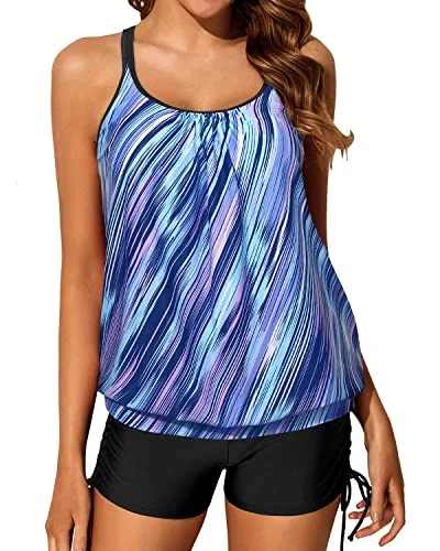 Slimming Criss Cross Back Blouson Tankini Swimsuits Boy Shorts-Blue And Black Stripe Dynamic Women's High - energy
