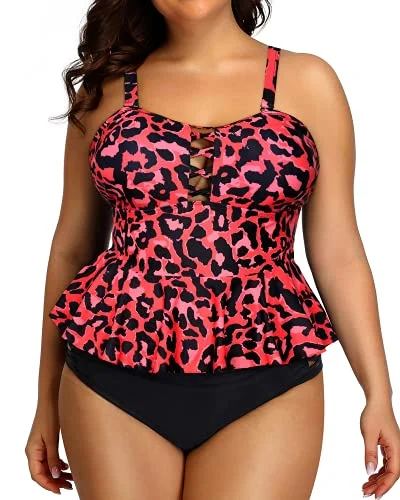 Lace Up Women's Plus Size Swimsuits Peplum Tankini Tops-Red Leopard Edgy Women's Punk