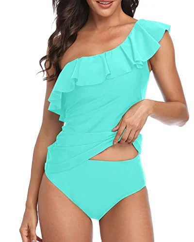 Two Piece Women's One Shoulder Tankini Tummy Control Bathing Suits-Aqua Traditional Women's Wool