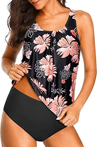 Women's Casual Athletic Tankini Sets Triangle Briefs-Black Orange Floral Disco