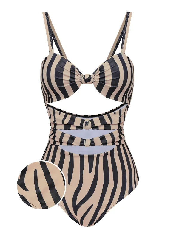 Brown Zebra Print Cutout One-Piece Swimsuit Refined Women's Classic 