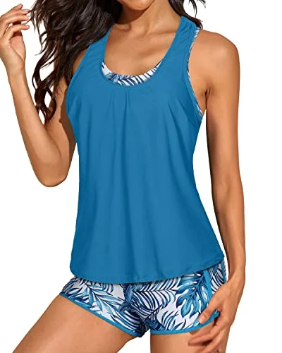 Women's Flattering 3-Piece Tankini Open Back & Racerback Sports Bra-Blue Leaf Dynamic Women's Moto