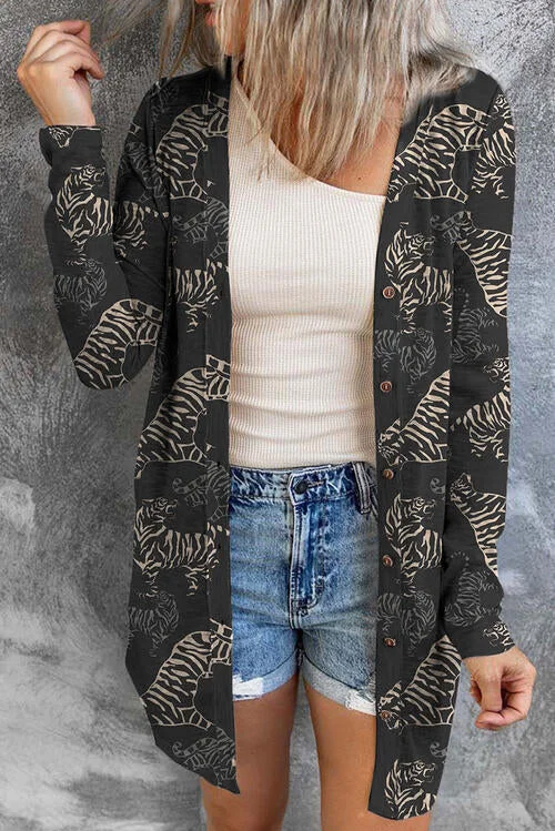 Tiger Print Button Up Long Sleeve Cardigan Sleek Women's 