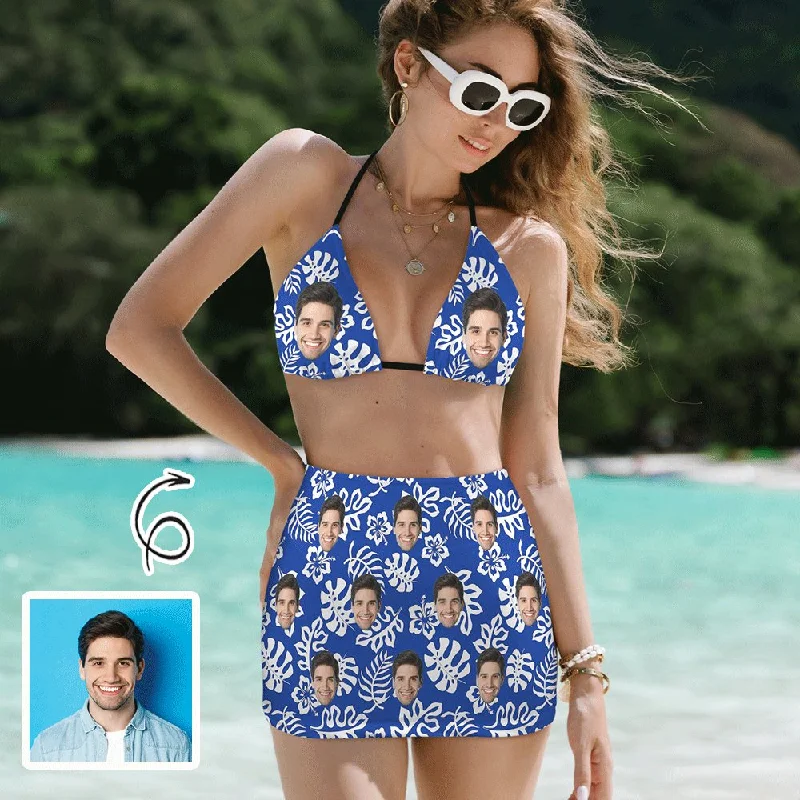 Custom Face Blue Leaves Bikini Set Personalized Halterneck String Three-Pieces Bikini Skirts Set Adventure Custom Face Blue Leaves Bikini Set Personalized Halterneck String Three-Pieces Bikini Skirts Set Adventure