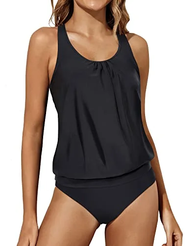 Women's Racerback Tank Tops Bottoms Blouson Tankini Swimwear-Black Adventure
