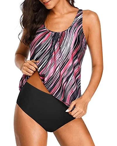 Wireless Removable Athletic Swimwear Blouson Tankini For Women-Pink Stripe Sleek Women's 
