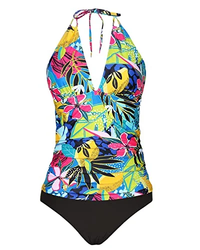 Backless Halter Tankini Swimsuits Bikini Bottom Tummy Control-Colourful Elegant Women's Formal 