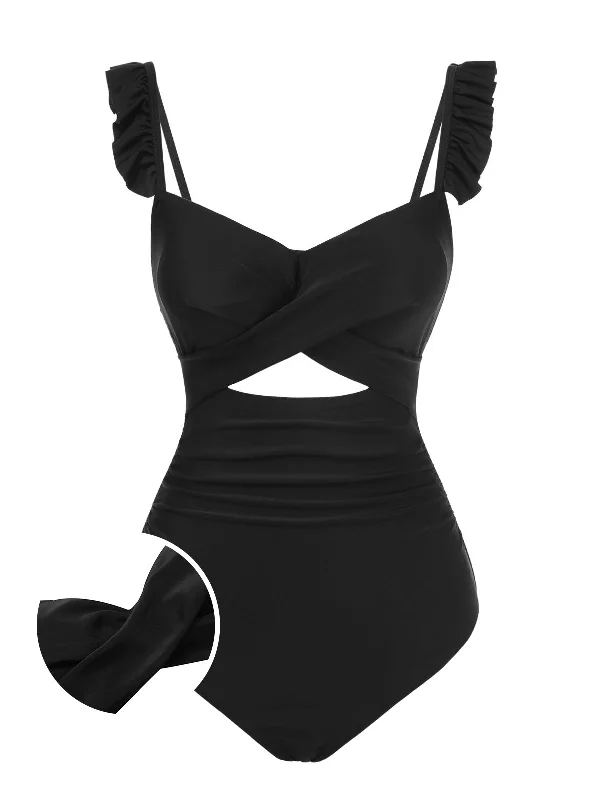 Black 1950s Solid Ruffled Strap Swimsuit Hip Women's Urban