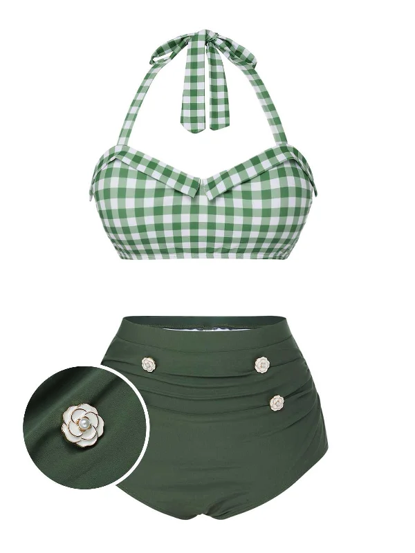 Green Gray 1940s Halter Plaids Swimsuit Youthful Women's Pop