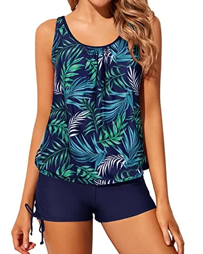 Loose-Fit Two Piece Tankini Swimsuits Boyshorts For Women-Blue Leaf Relaxed Women's 