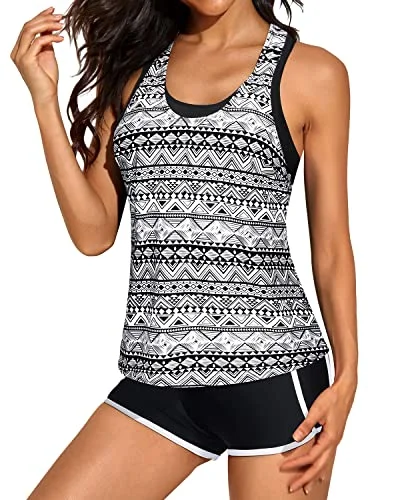 Flattering U-Neck Tankini Tops Sports Bra And Boyshorts Swim Shorts-Black Stripe Modern Women's 