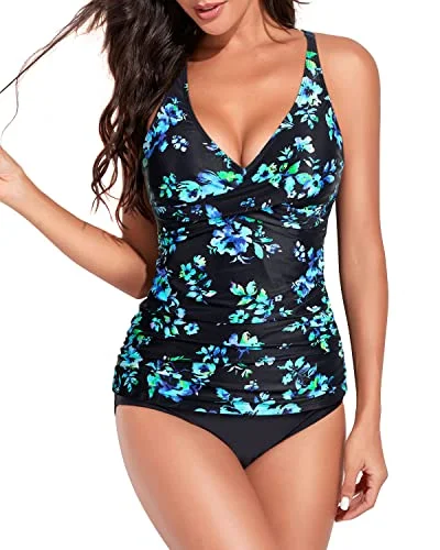 Front Ruched Tummy Control Tankini Swimsuits For Women-Black Blue Floral Refined Women's Velvet