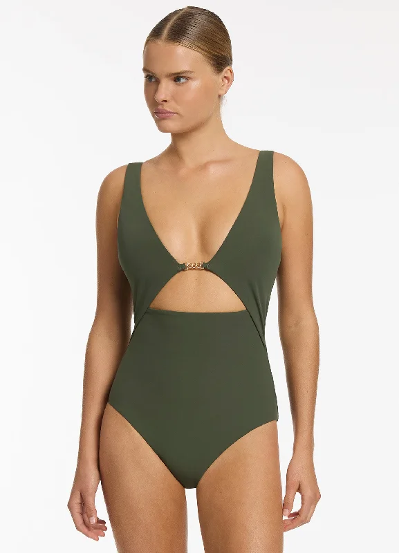 Lien Plunge One Piece - Olive Vintage Women's 1970S 