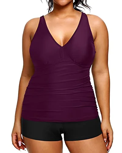 Plus Size Tankini Swimsuit Shorts Athletic Two Piece Swimwear-Maroon Casual Women's Japanese 