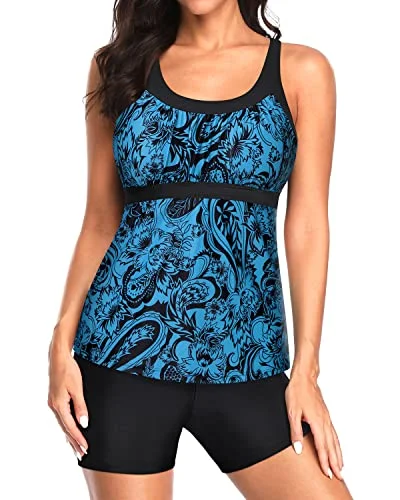 Modest Tankini Bathing Suits Boyshorts For Women's Swimwear-Black And Tribal Blue Sophisticated Women's Tailored