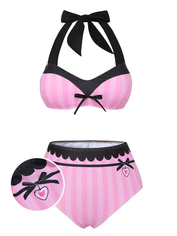 Pink & Black 1950s Stripe Halter Swimsuit Contemporary 