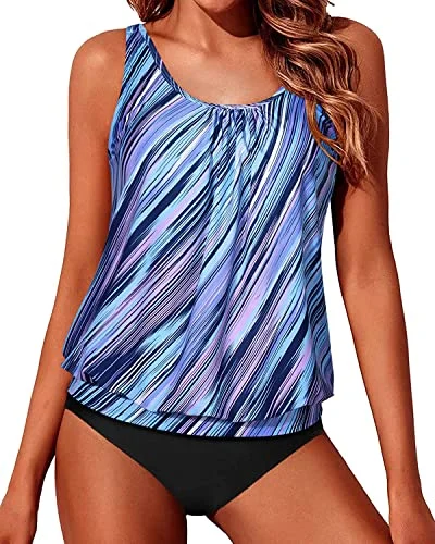Soft Push Up Bra Cups Blouson Tankini Swimsuits For Women-Blue And Black Stripe Stylish Women's Neon