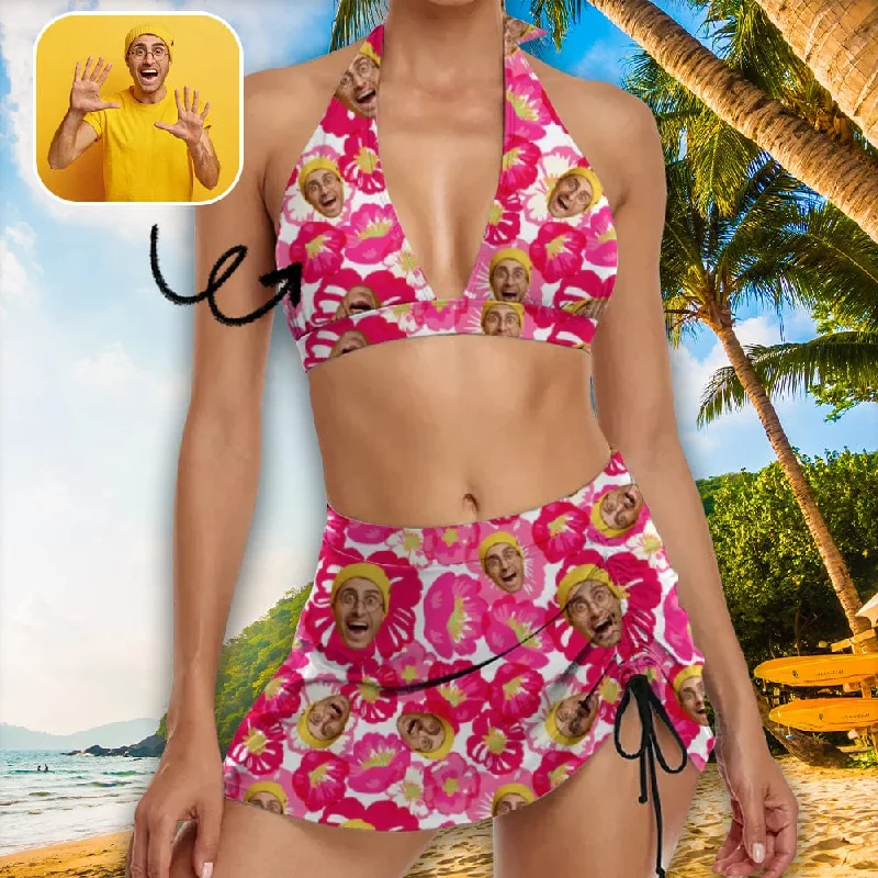 Custom Face Rose Red Flower Halter Neck Bikini Set Personalized Drawstring Bikini Skirt Artistic Women's Hand - painted