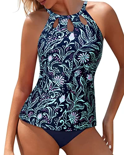 Stylish Keyhole Design Tummy Control Tankini Bathing Suit-Blue Floral Youthful Women's Anime - inspired