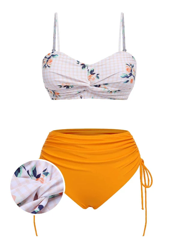 Turmeric 1940s Spaghetti Strap Roses Swimsuit Athletic Women's High - 