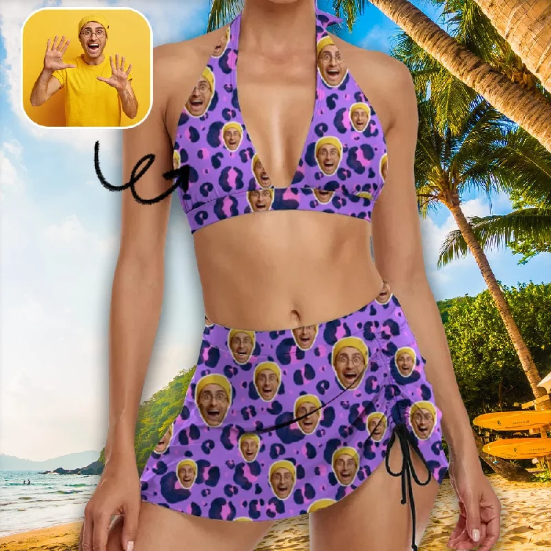 Custom Face Purple Halter Neck Bikini Set Personalized Drawstring Bikini Skirt Feminine Women's Soft 