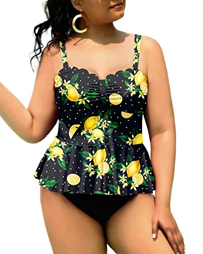 Women Peplum Swimwear Scalloped Swimsuits Tummy Control Bathing Suits-Black Lemon Elegant Women's 