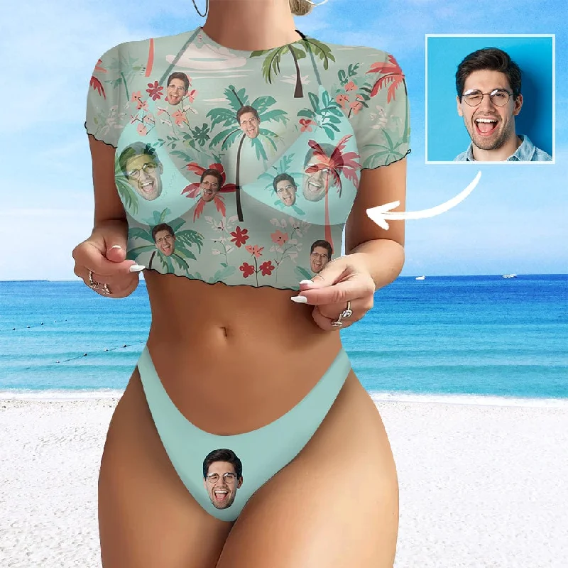 Custom Face Green Women's 3 Pieces Bikini Set with Mesh Cover up Halter Triangle Bikini Cover Up Set Dapper Women's Bow - adorned