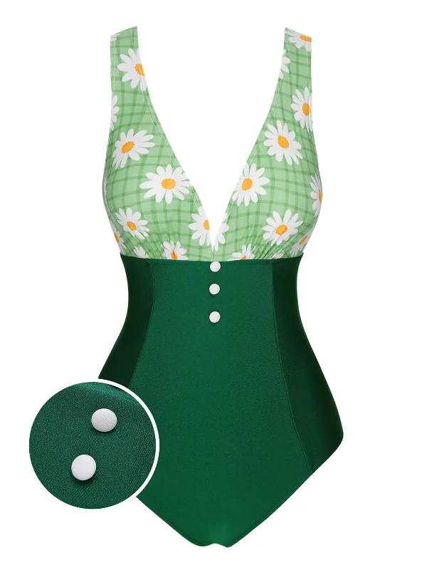 Green 1940s Daisy Patchwork One-Piece Swimsuit Geometric