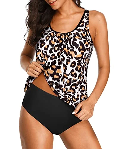 2 Piece Blouson Tankini Bathing Suits Sports Soft Bra For Women-Black And Leopard Confident Women's Power