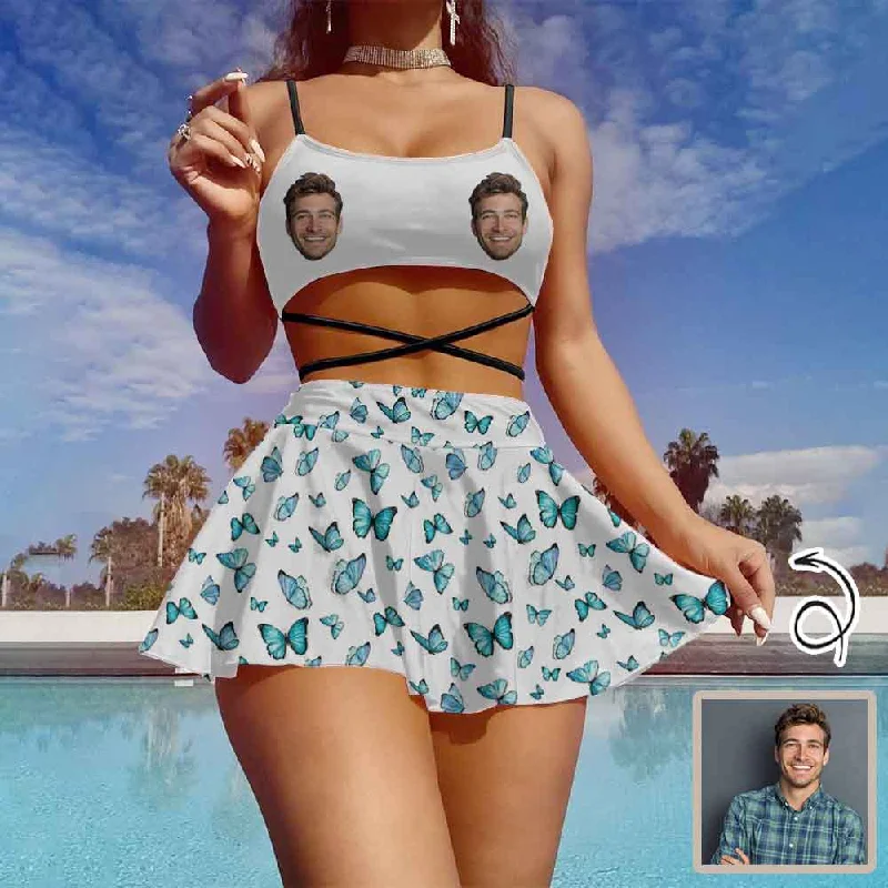 Custom Face Butterfly White Background Bikini Set Women's String Three-Piece Bikini Skirt Adventure