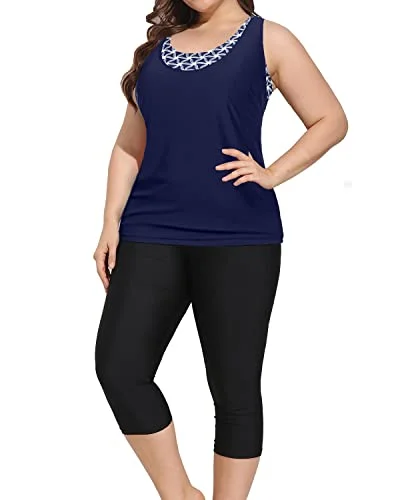 Modest Plus Size Bathing Suits Tankini Tops & Swim Capris-Navy Blue Classic Women's Pin - striped